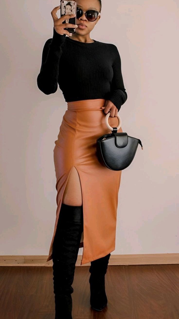 Black Sweater with Tan Slit Skirt